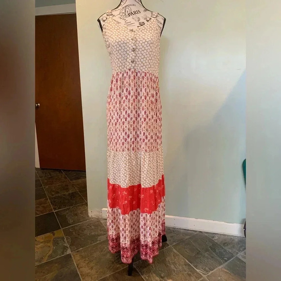 Xhileration Women’s Small Boho Maxi Sundress Dress Red and Tan Adjustable Straps - Picture 1 of 11